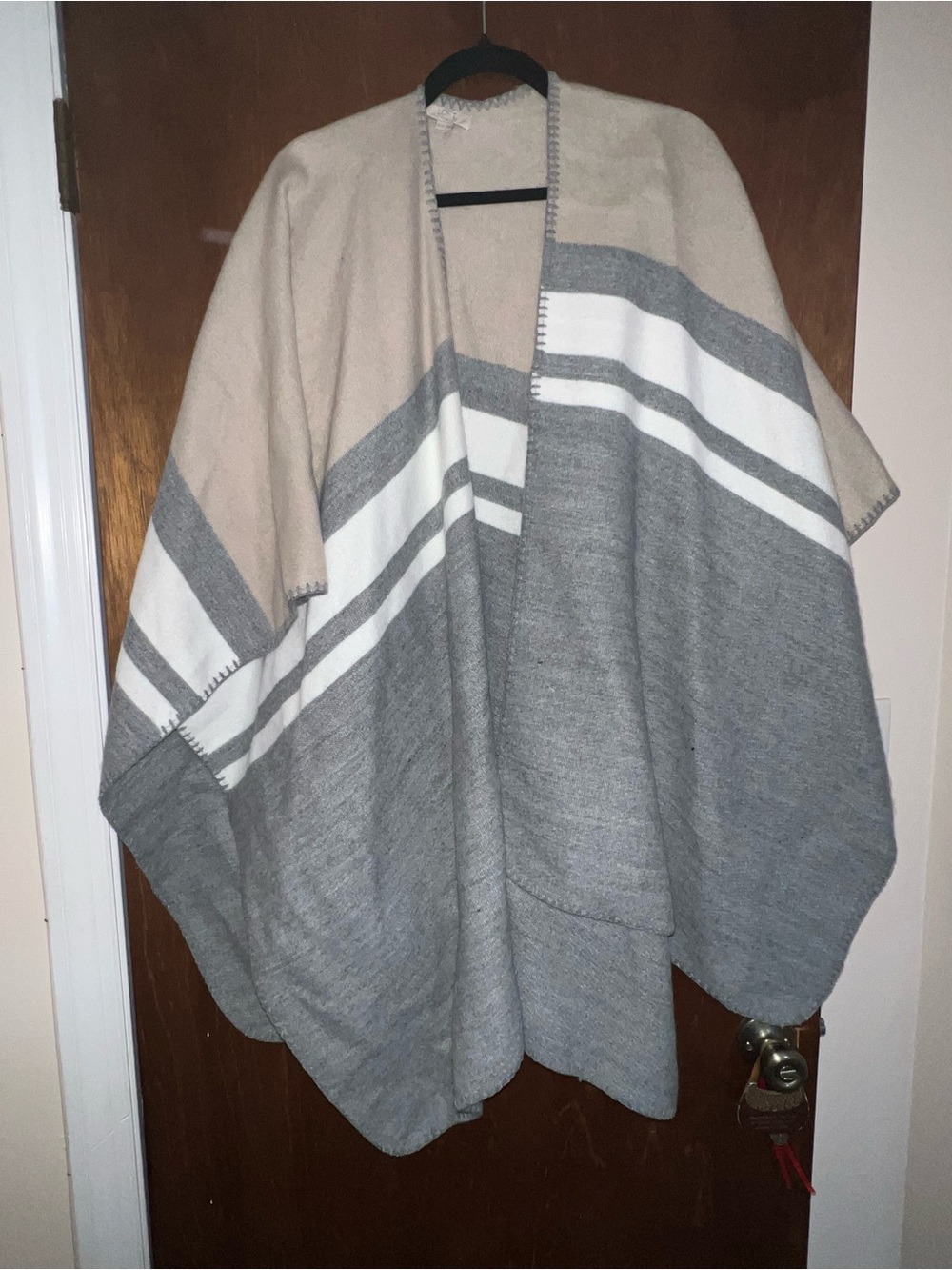 LOFT Beige Gray & White Striped Open-Front Poncho